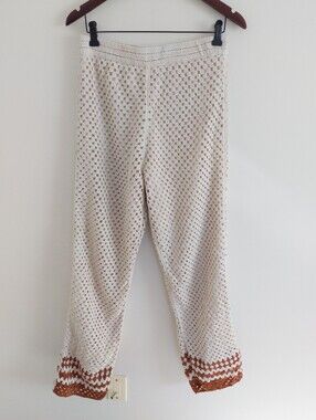 Ultra Pink Crochet Wide Leg Pants Cream Brown Trim Resort Pants Size Small